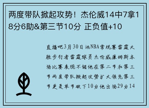 两度带队掀起攻势！杰伦威14中7拿18分6助&第三节10分 正负值+10